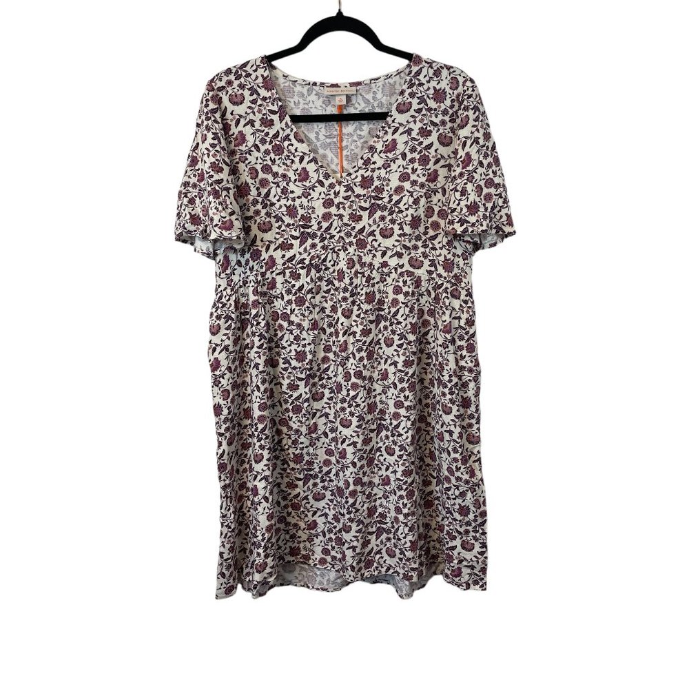 KNOX ROSE MINI DRESS SHORT SLEEVE POCKETS A-LINE V-NECK FLORAL CREAM PURPLE NWT